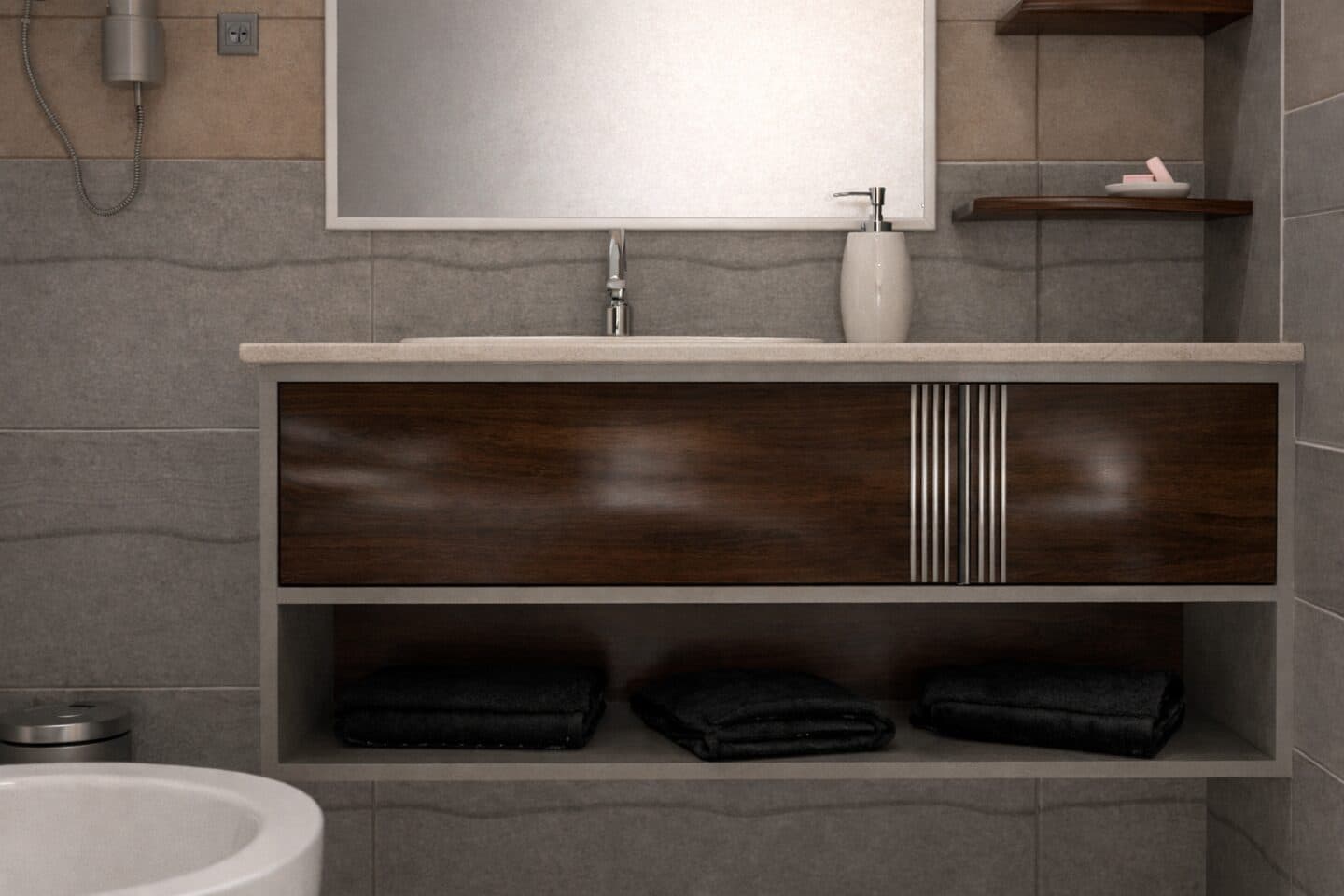 Mobile bagno sospeso con finitura in legno scuro
