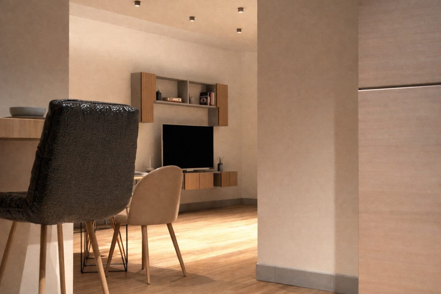Living contemporaneo luminoso con cucina a vista
