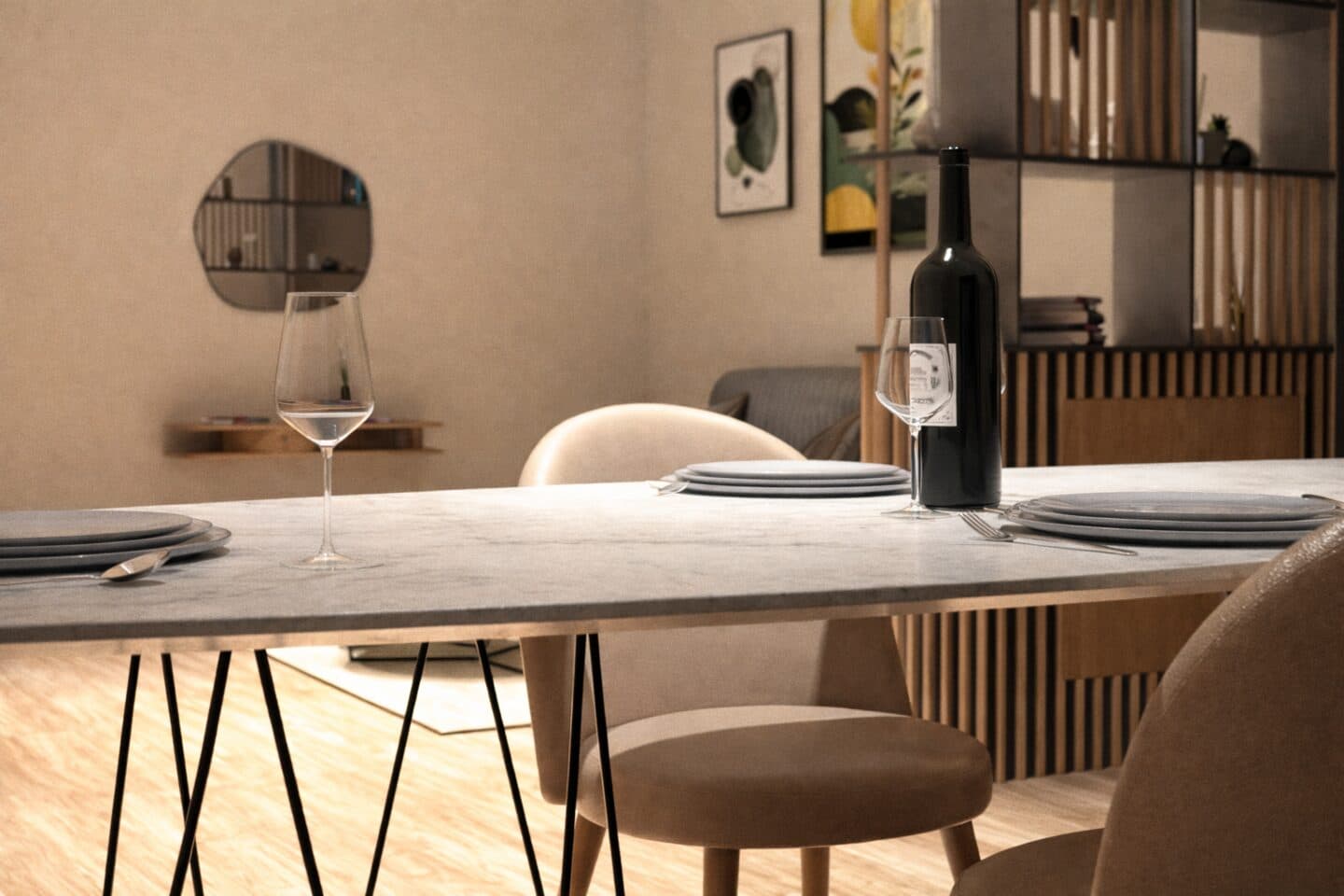Zona pranzo elegante con tavolo apparecchiato